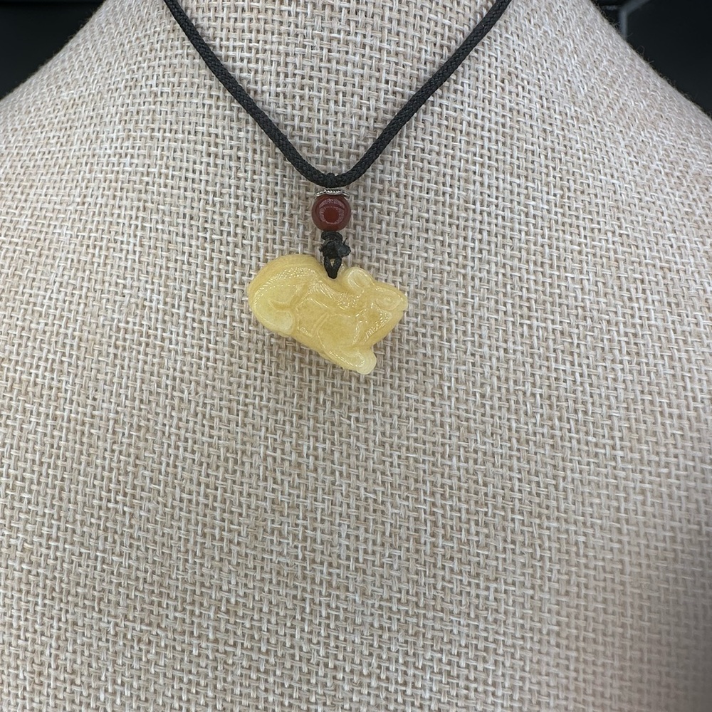 Yellow Jade Rat Carving Pendant Necklace on Black Adjustable Rope - Picture 3 of 16
